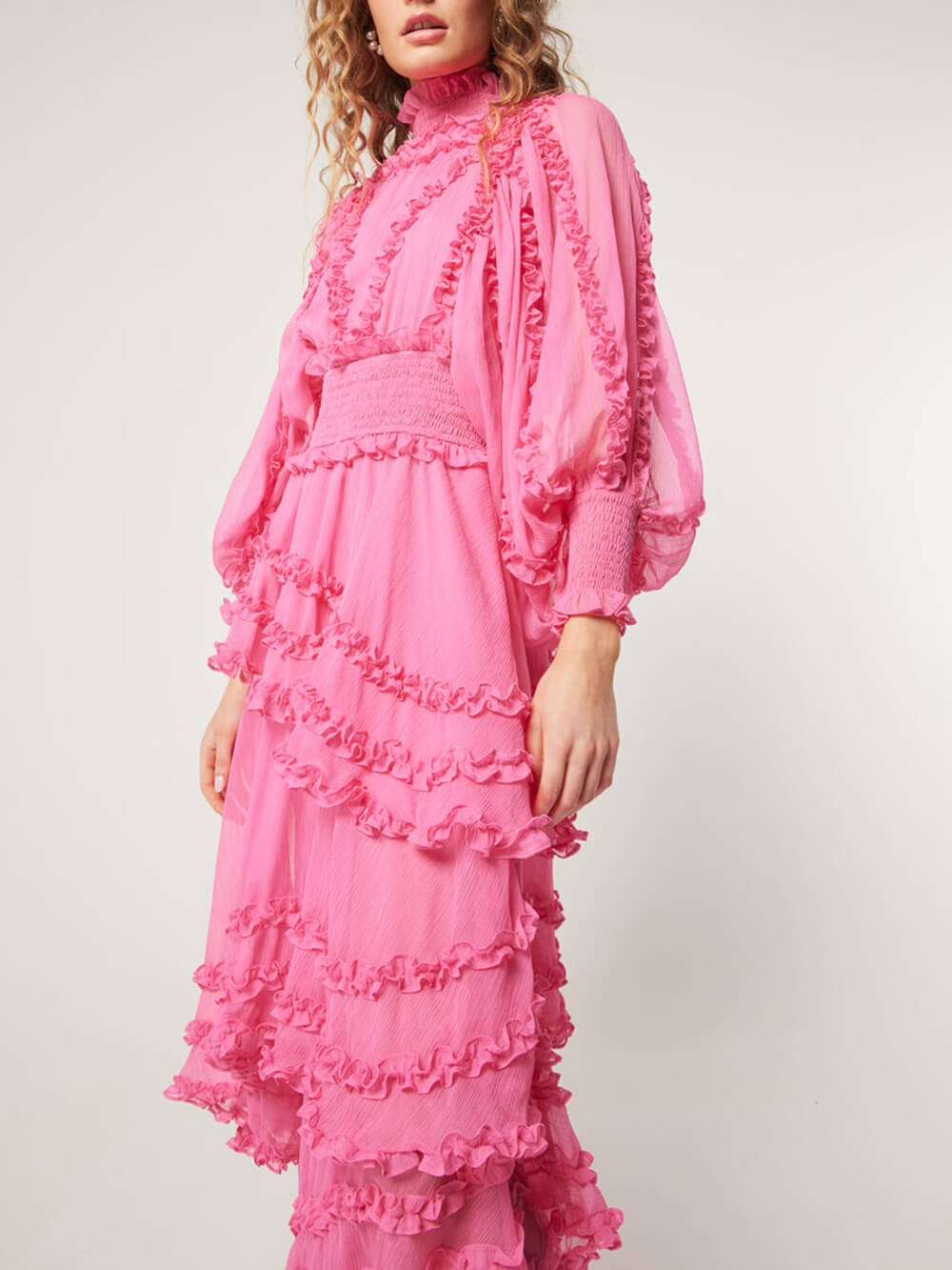 Stand Collar Tierred Ruffles Lantern Sleeve Midi Dress Newgew Dresses