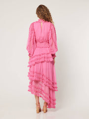 Stand Collar Tierred Ruffles Lantern Sleeve Midi Dress Newgew Dresses