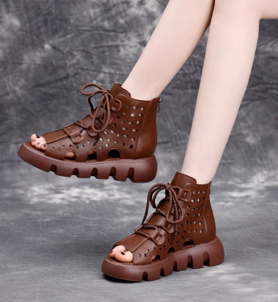 Women Leather Peep Toe Casual Platform Sandals