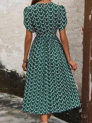 Floral Midi Dress Stretch Sash Jewel Neck Short Sleeves Bohemian Newgew Dresses