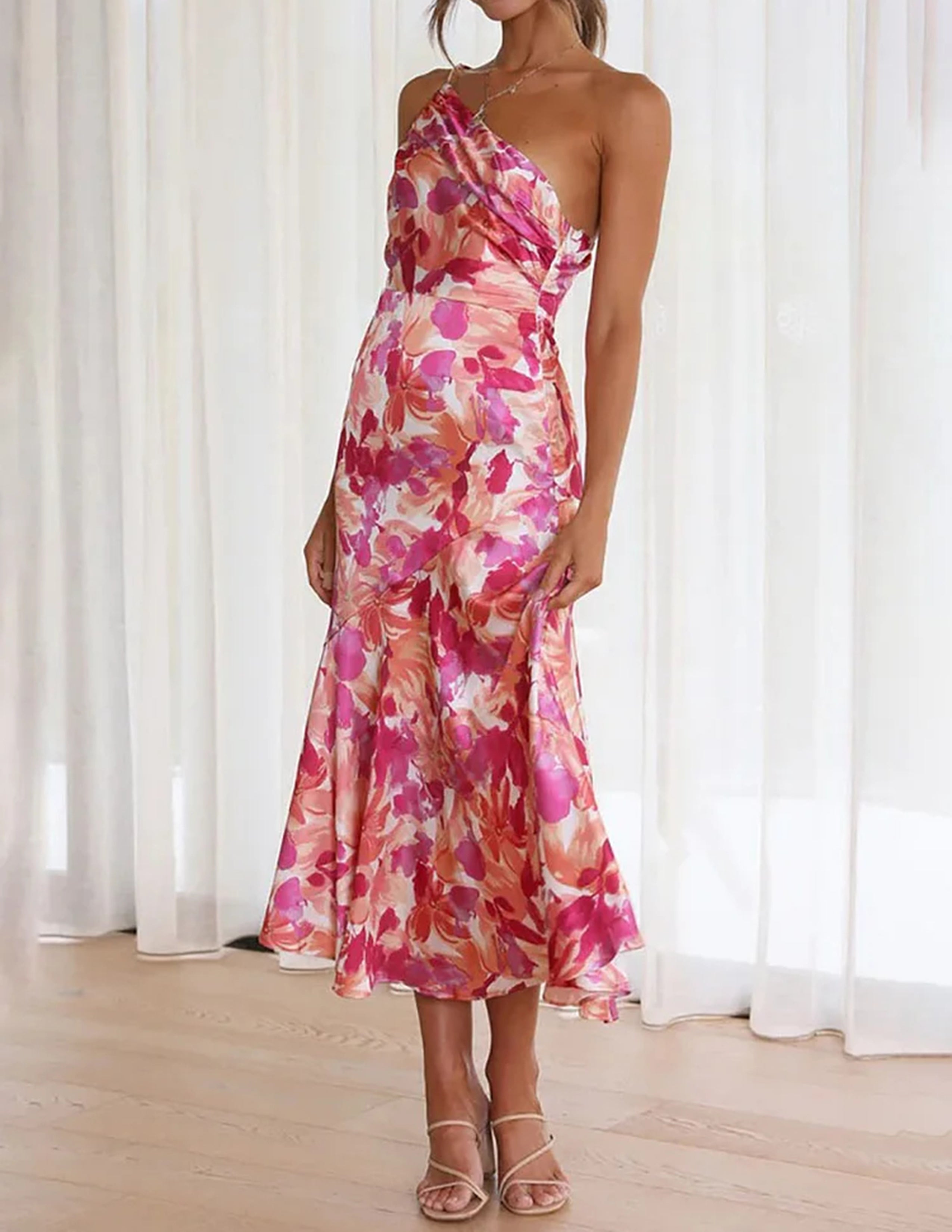 Pink Floral One Shoulder Ruched Satin Dress Newgew Dresses