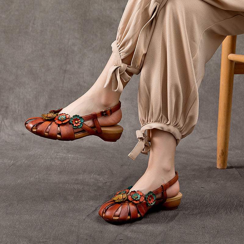 Flower Accents Ethnic Style Versatile Leather Sandals Newgew Shoes