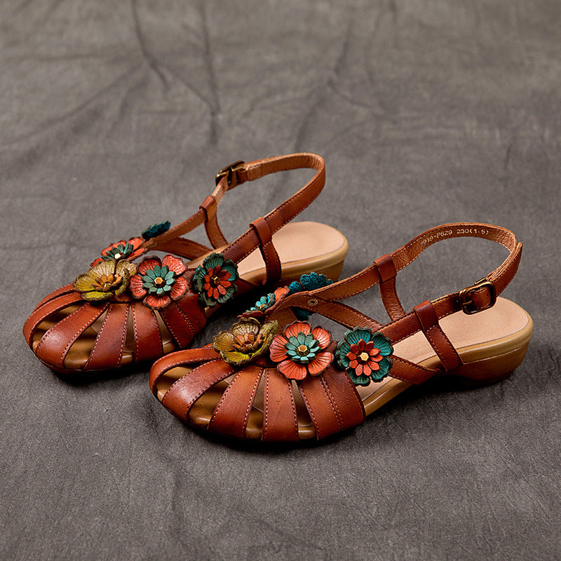Flower Accents Ethnic Style Versatile Leather Sandals Newgew Shoes