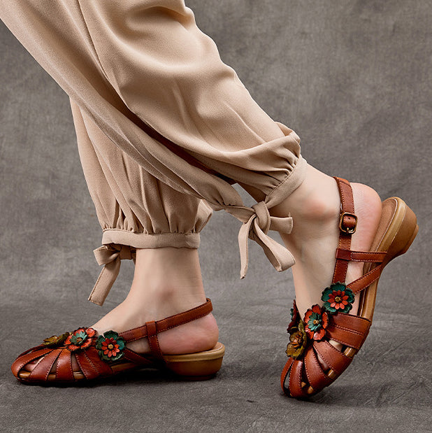 Flower Accents Ethnic Style Versatile Leather Sandals Newgew Shoes