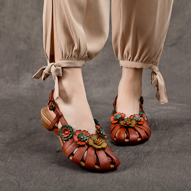Flower Accents Ethnic Style Versatile Leather Sandals Newgew Shoes