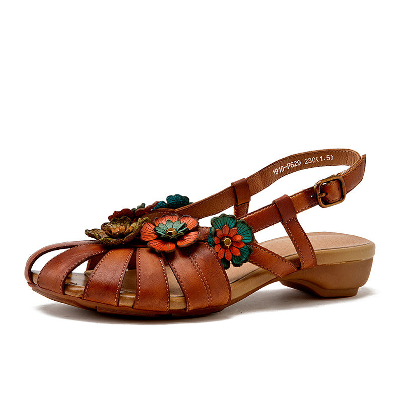 Flower Accents Ethnic Style Versatile Leather Sandals Newgew Shoes