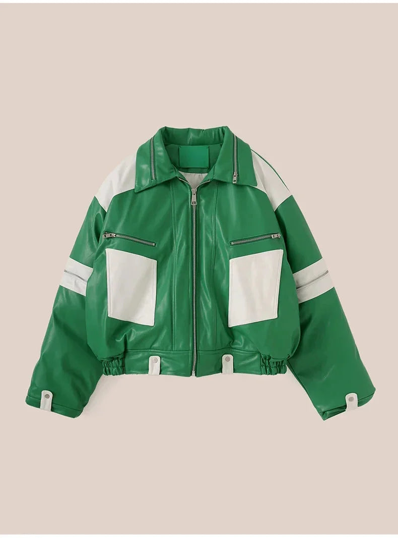Green Faux Leather Cropped Moto Jacket Newgew