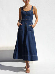 Denim Suspender Casual Button Midi Dress Newgew Dresses