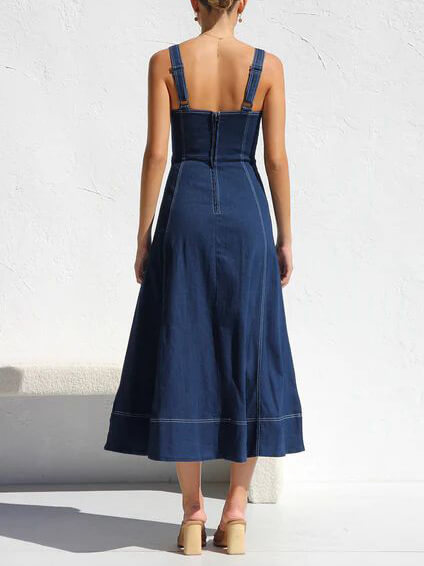Denim Suspender Casual Button Midi Dress Newgew Dresses