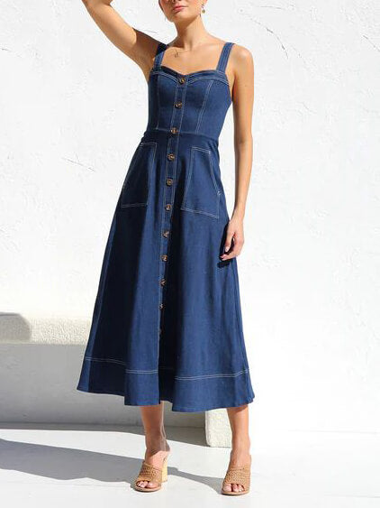 Denim Suspender Casual Button Midi Dress Newgew Dresses