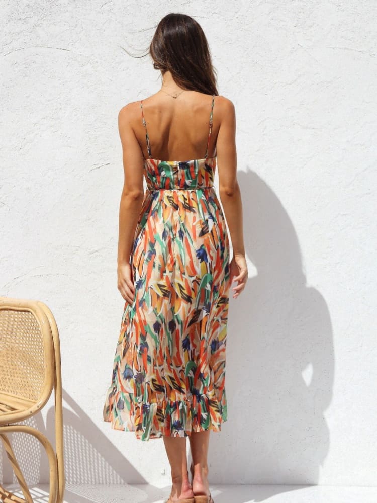 Floral Ruffle-Trim Midi Tank Dress Newgew Dresses