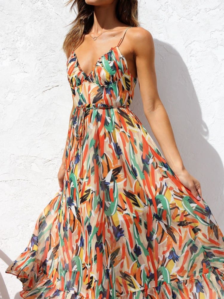 Floral Ruffle-Trim Midi Tank Dress Newgew Dresses