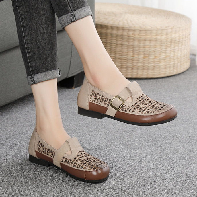 Leather Breathable Hollow-Out Flat Shoes With Buckle Accents Newgew Shoes