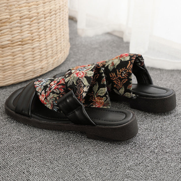 Linen Printed Fashion Open Toe Genuine Leather Slippers Newgew Shoes