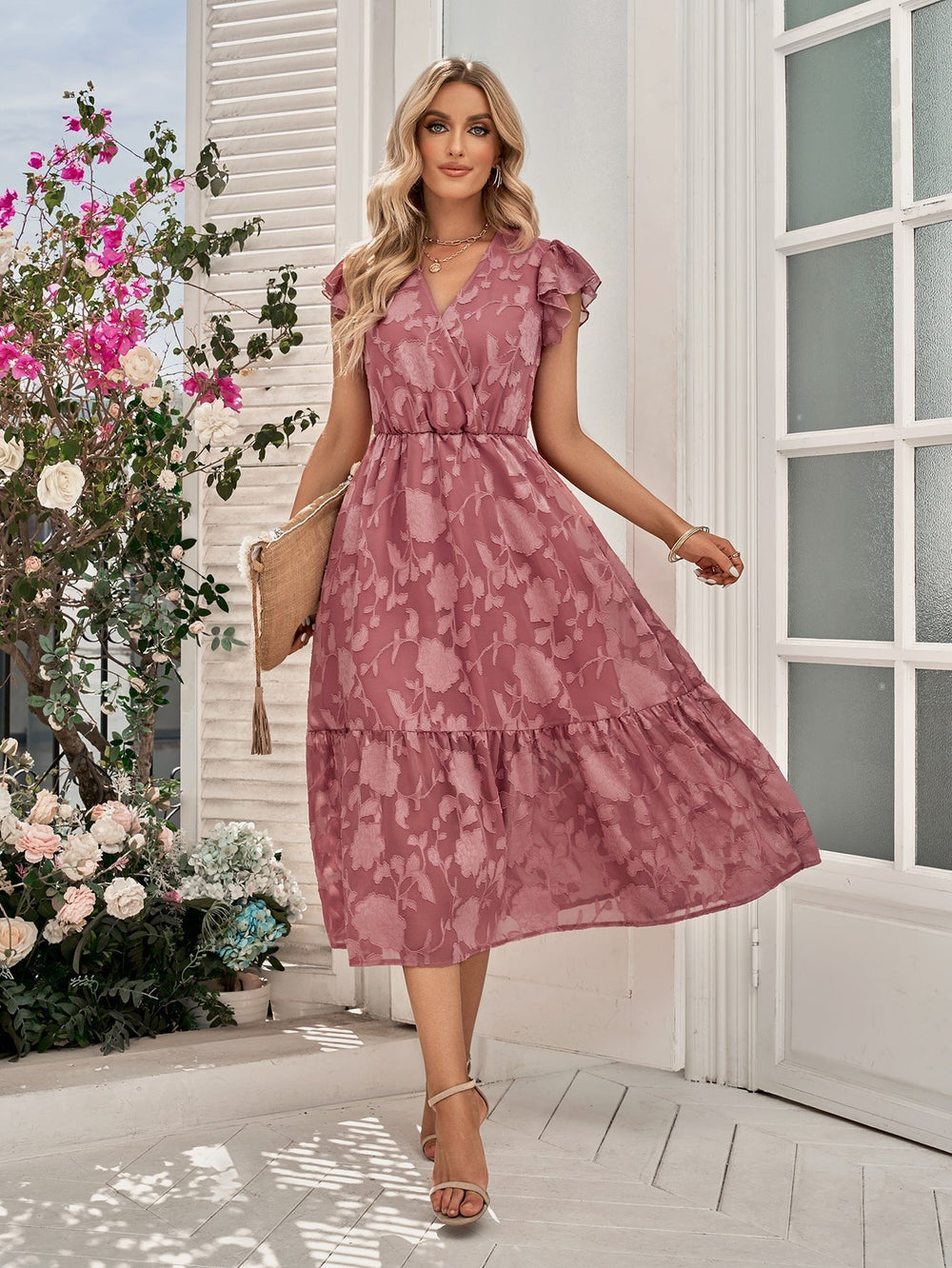 Rebecca V-Neck A-Line Dress:   Floral Flutter Sleeve Surplice Midi Newgew Dresses