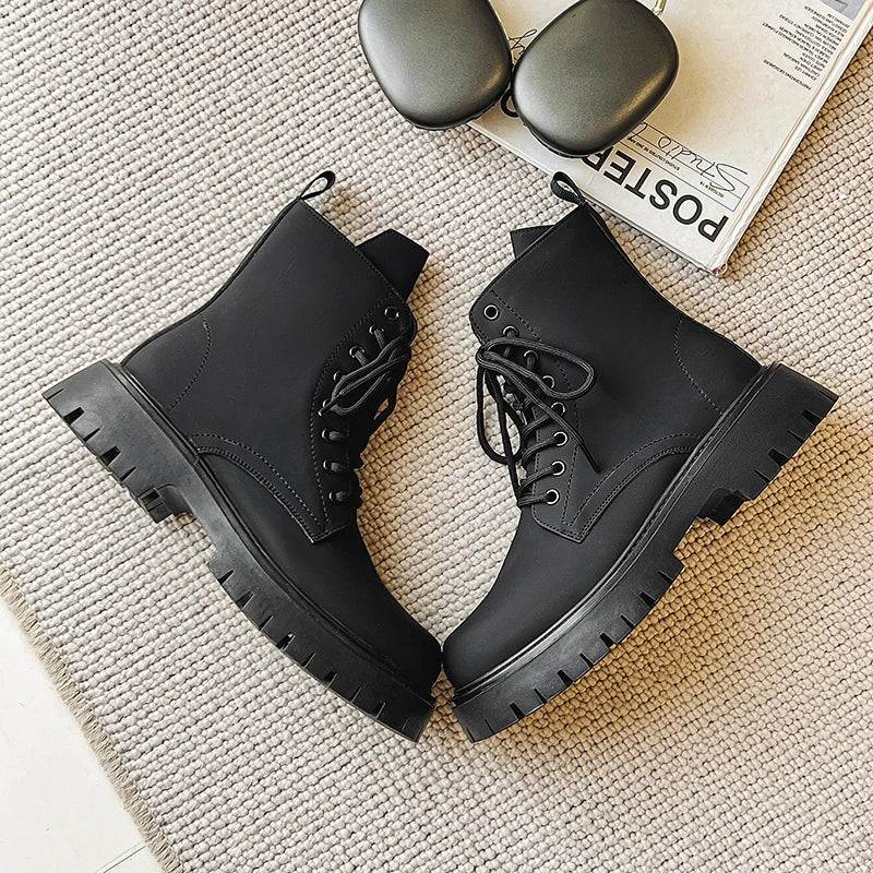 Matte Black Chunky Lace-Up Boots Newgew