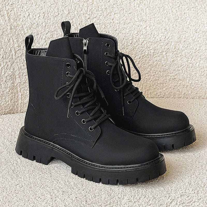 Matte Black Chunky Lace-Up Boots Newgew