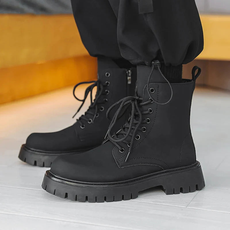 Matte Black Chunky Lace-Up Boots Newgew