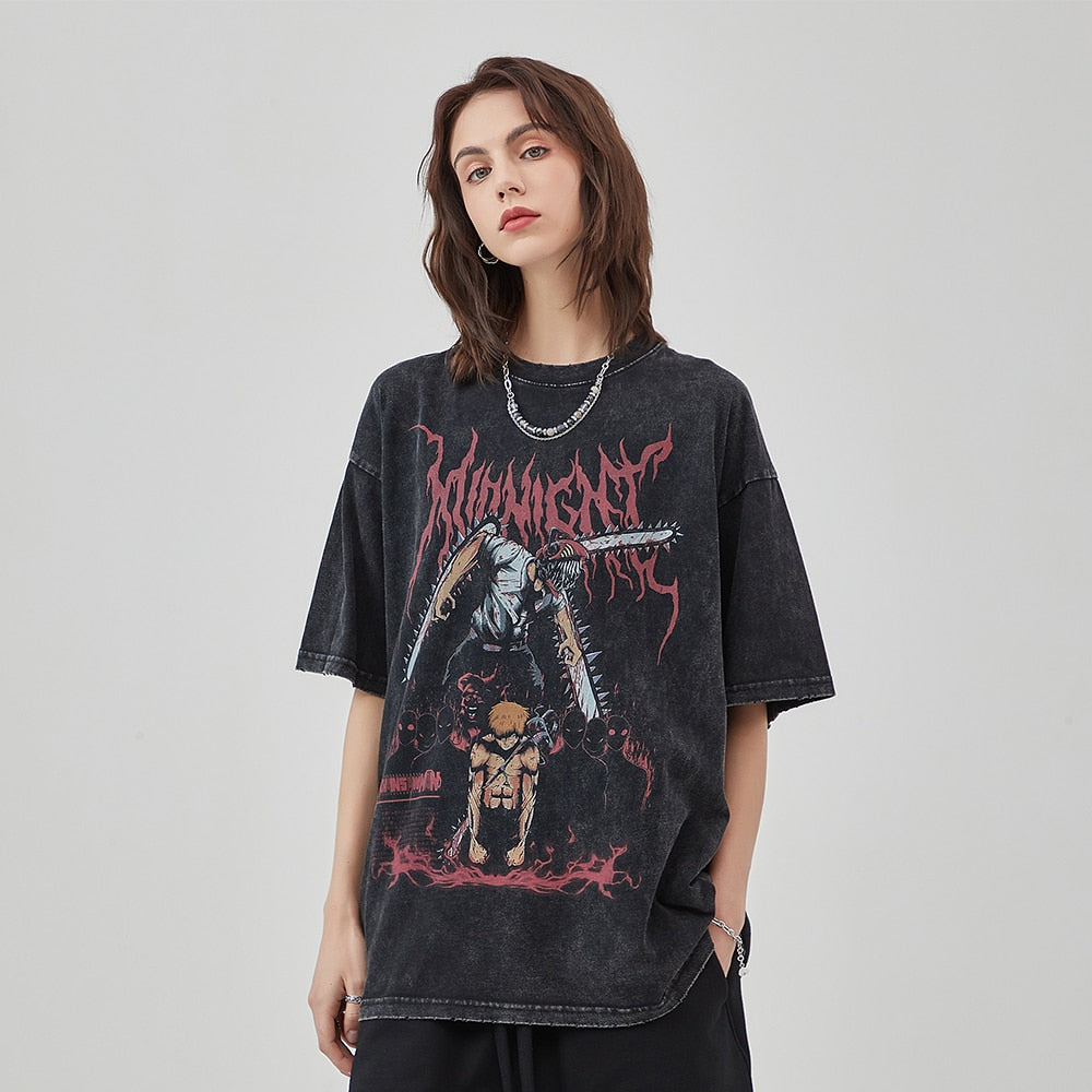 Midnight Anime Graphic Acid Wash T-Shirt Newgew