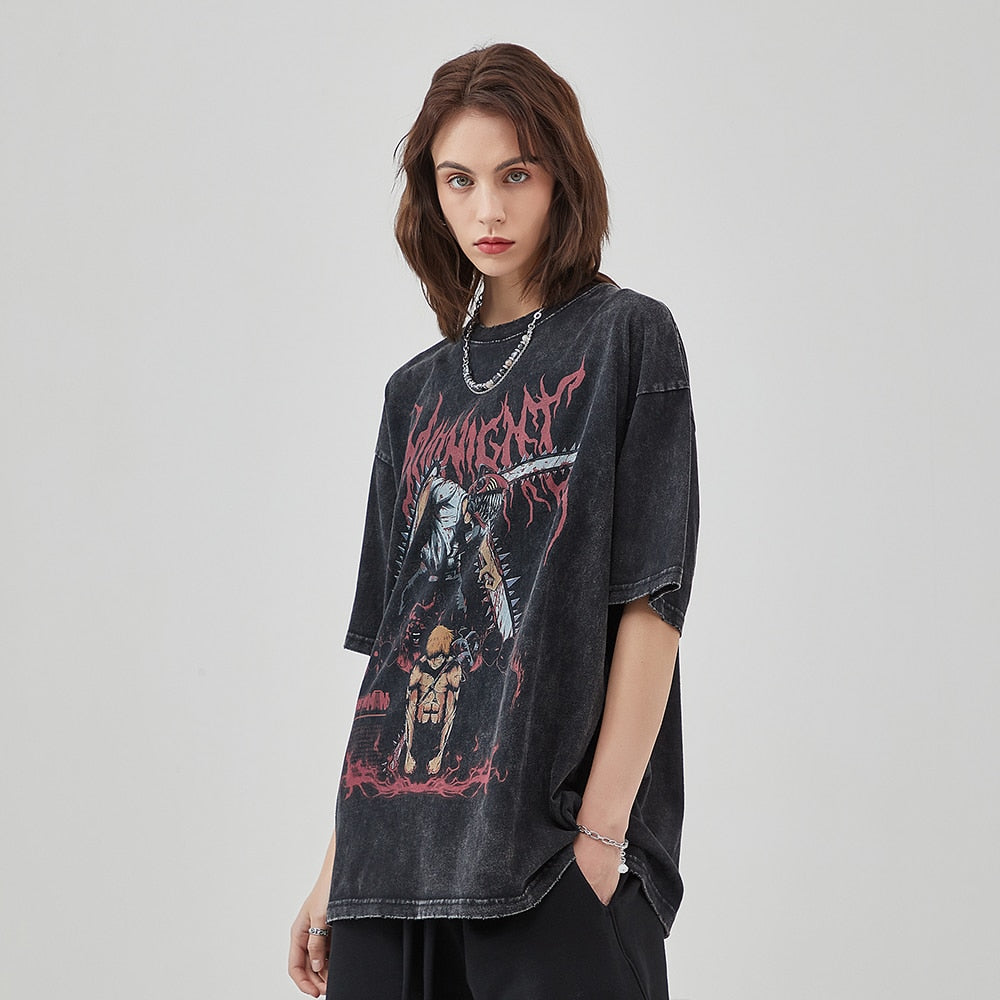 Midnight Anime Graphic Acid Wash T-Shirt Newgew