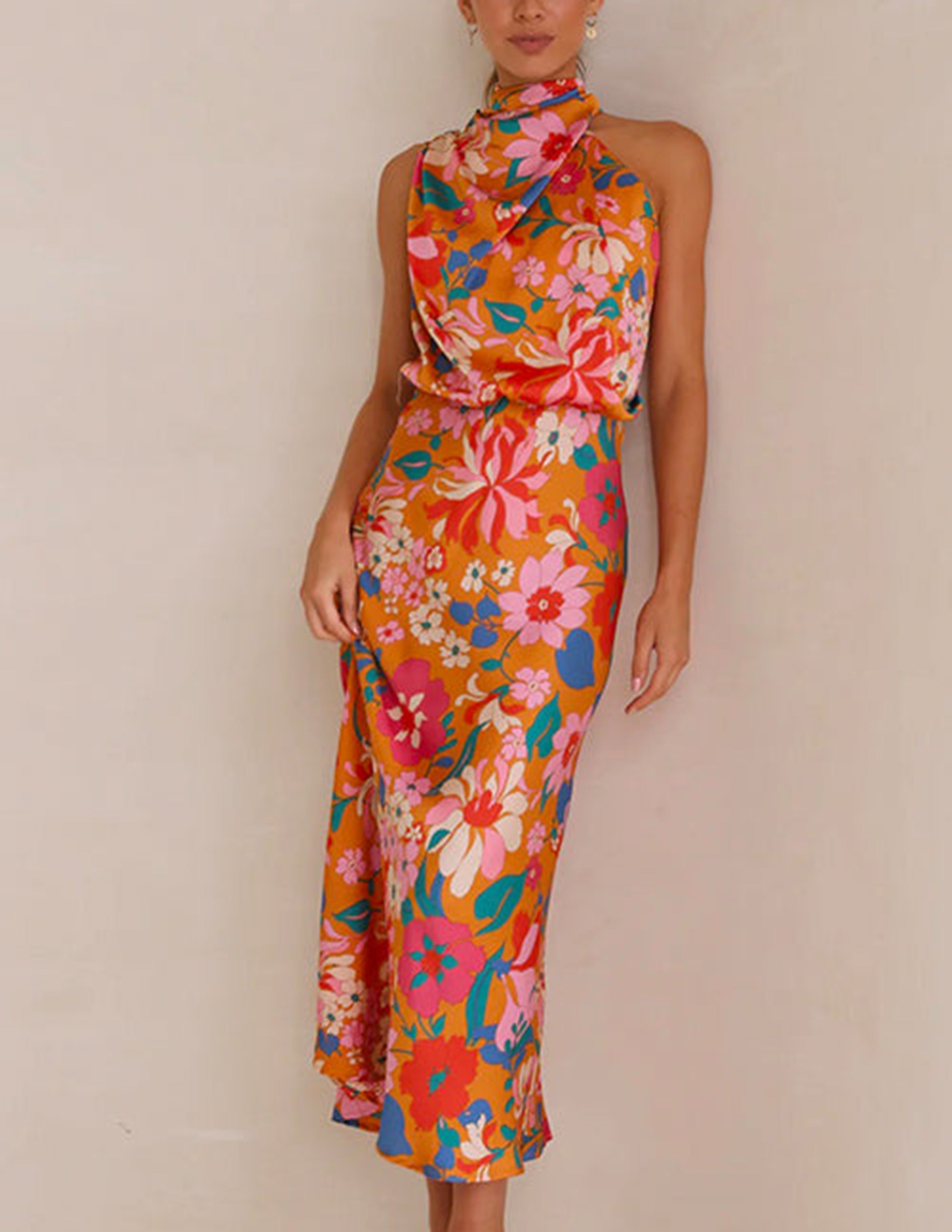 Floral Halter Neck Elastic Waist Maxi Dress Newgew Dresses
