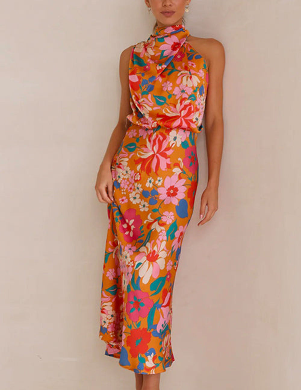 Floral Halter Neck Elastic Waist Maxi Dress Newgew Dresses
