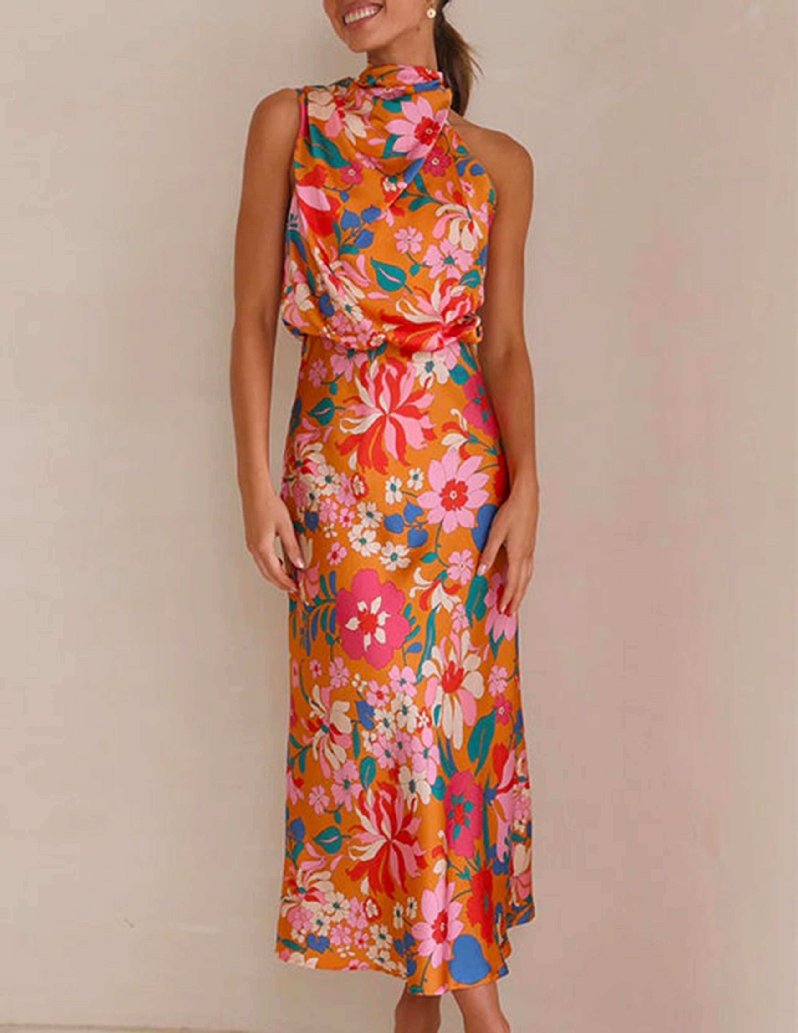 Floral Halter Neck Elastic Waist Maxi Dress Newgew Dresses