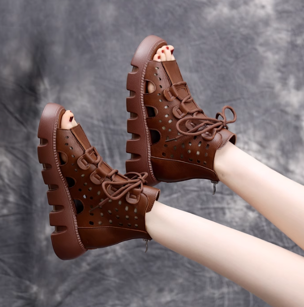 Women Leather Peep Toe Casual Platform Sandals