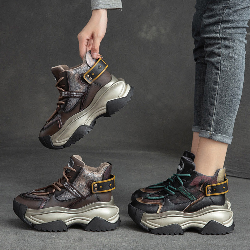 Women Retro Fashion Leather Chunky Platform Dad Shoes Newgew Shoes