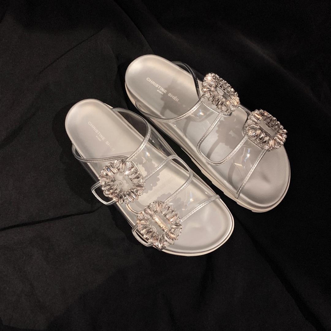 Rhinestone Genuine Leather Double-Strap Slippers Newgew