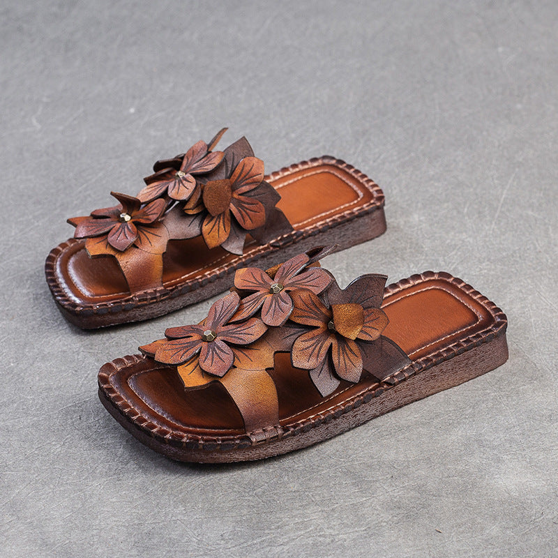 Women Retro Casual Flower Leather Flat Slides Newgew Shoes