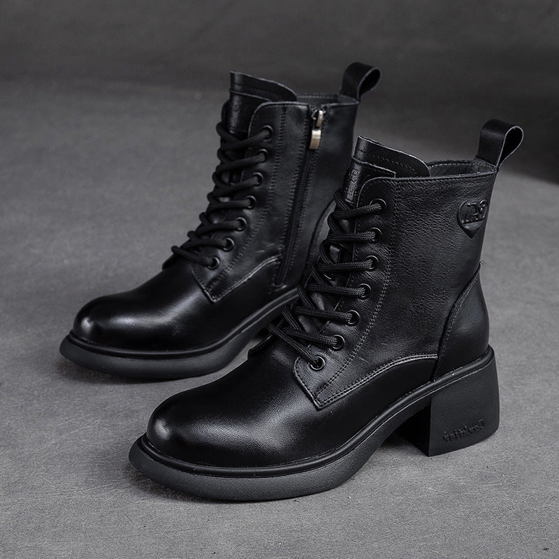 Women Retro Classic Leather Patchwork Chunky Heel Boots Newgew Shoes