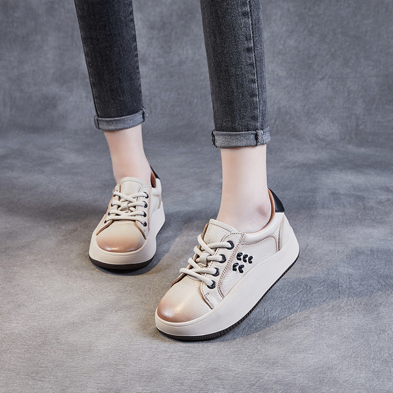 Women Casual Lace Up Cowhide Thick Soled Shoes Newgew Shoes