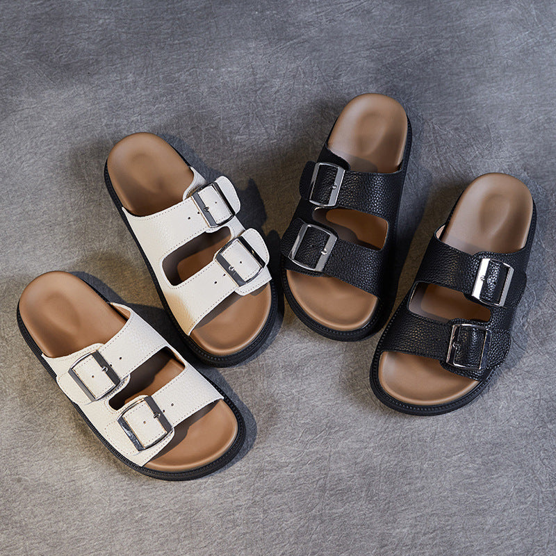 Women Retro Leather Casual Buckle Slides Newgew Shoes