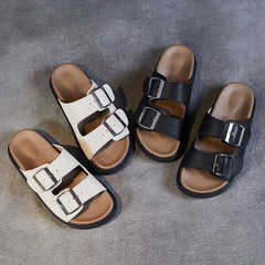 Women Retro Leather Casual Buckle Slides Newgew Shoes
