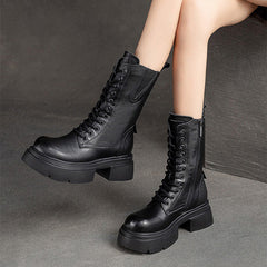 Women Retro Classic Leather Platform Mid-Calf Boots Newgew Shoes