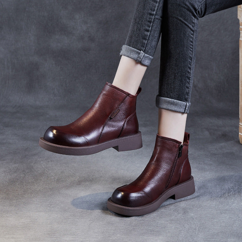 Women Retro Solid Leather Ankle Boots Newgew Shoes