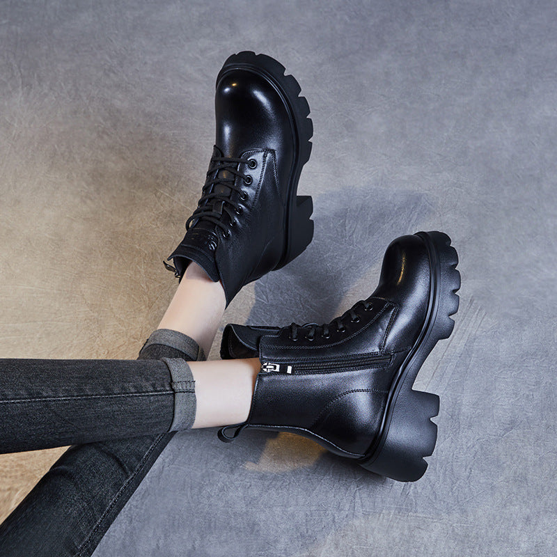 Women Minimalist Leather Furred Chunky Platform Boots Newgew Shoes
