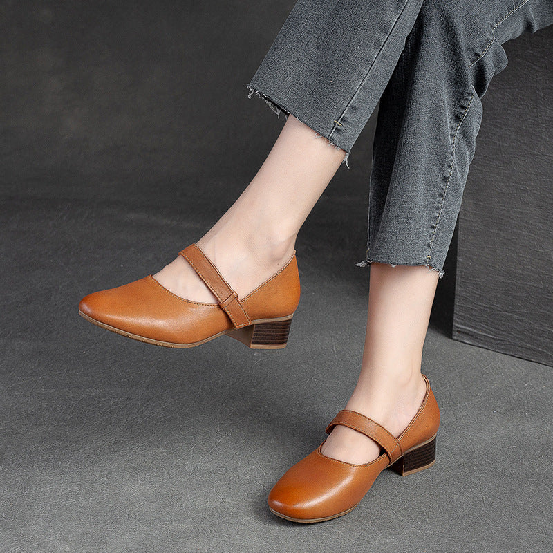 Women Minimalist Casual Retro Leather Chunky Heel Pumps Newgew Shoes