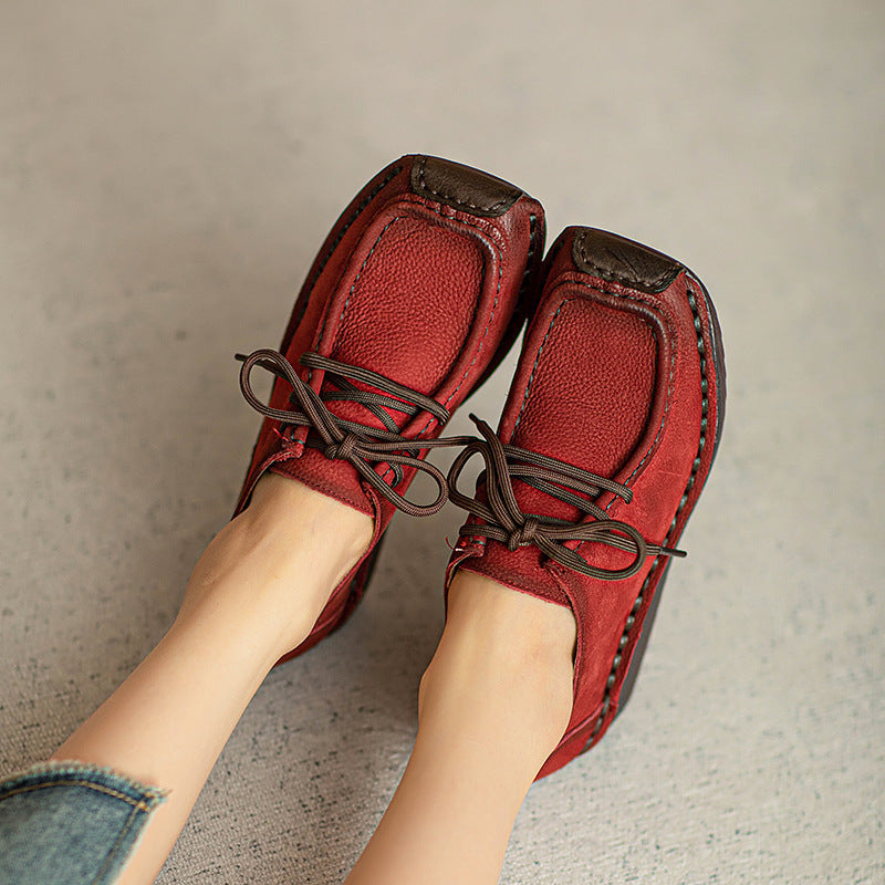 Women Retro Leather Square Head Low Wedge Shoes Newgew Shoes