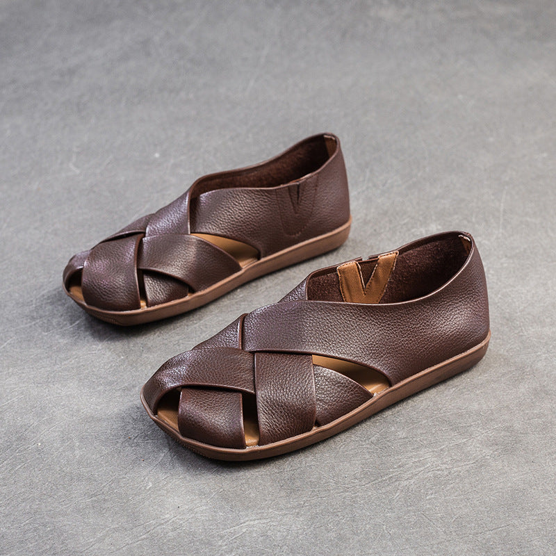 Women Retro Soft Leather Summer Flat Sandals Newgew Shoes