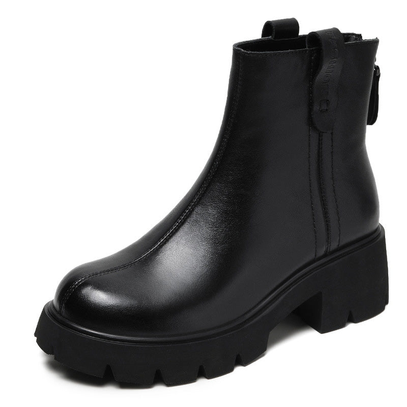 Women Retro Casual Patchwork Leather Chunky Heel Boots Newgew Shoes
