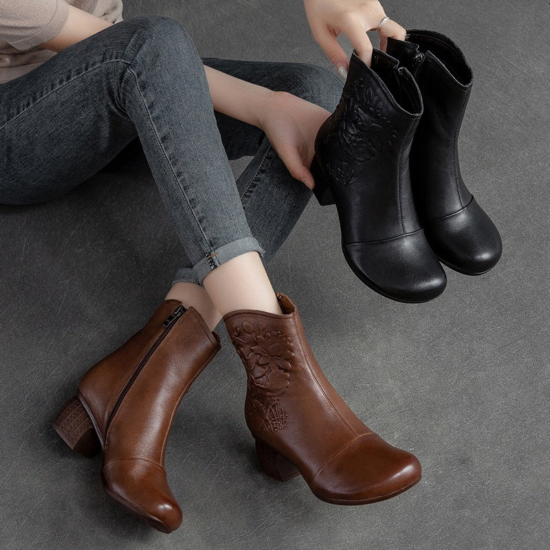 Women Retro Figured Leather Chunky Heel Mid-Calf Boots Newgew Shoes