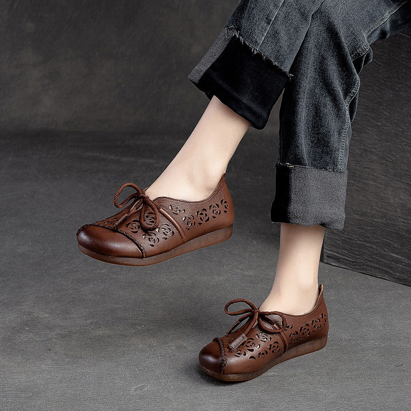 Women Retro Hollow Soft Leather Flat Shoes Newgew Shoes