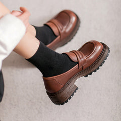 Women Casual Retro Leather Low Block Loafers Newgew Shoes