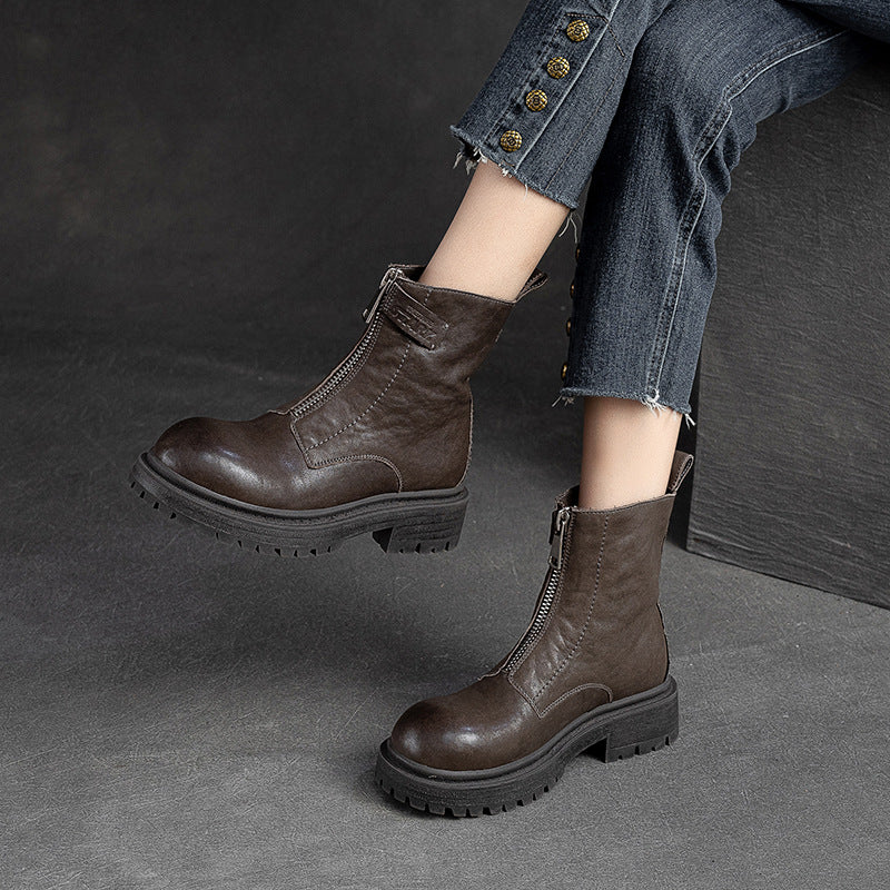 Women Retro Casual Font Zipper Leather Boots Newgew Shoes