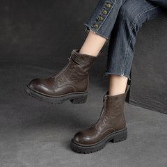 Women Retro Casual Font Zipper Leather Boots Newgew Shoes