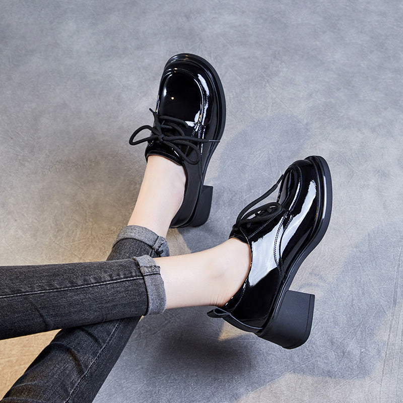 Women Minimalist Soft Glossy Leather Chunky Heel Shoes Newgew Shoes