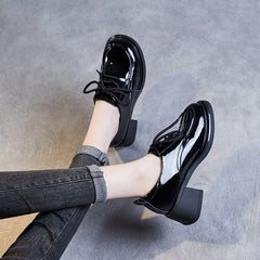 Women Minimalist Soft Glossy Leather Chunky Heel Shoes Newgew Shoes