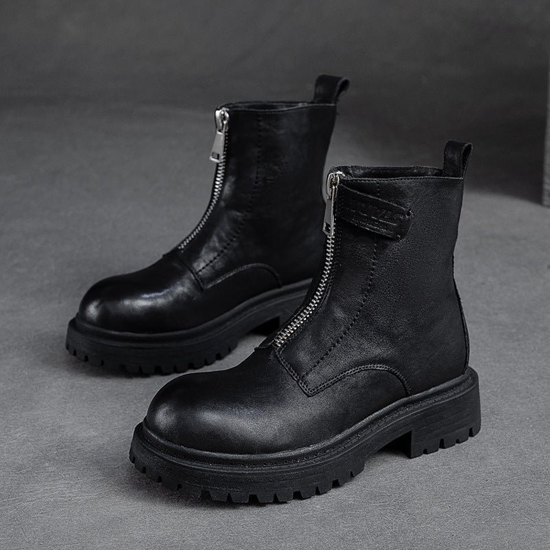 Women Retro Casual Font Zipper Leather Boots Newgew Shoes